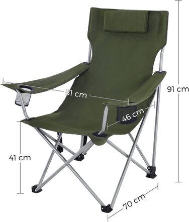 Крісло для кемпінгу SONGMICS, розкладне крісло, вуличне крісло з підлокітниками, підголівником і підстаканниками, стійка рама, з навантаженням до 150 кг, GCB09BK