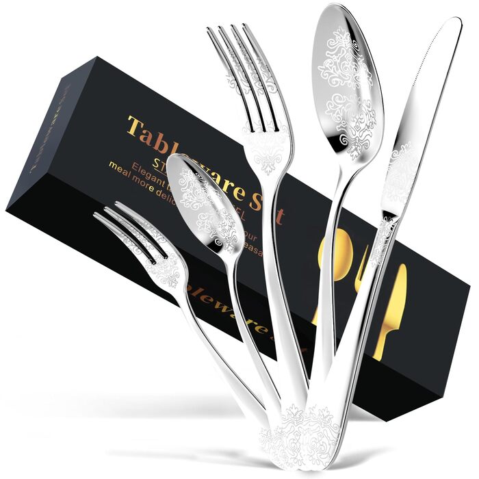 Набір столових приборів DRAGON RIOT Gold 30 предметів: нержавіюча сталь, для 6 осіб, з ножем, виделкою, ложкою. Підходить для дому, ресторану, вечірки. Колір: золотий (20 предметів сріблястого кольору).