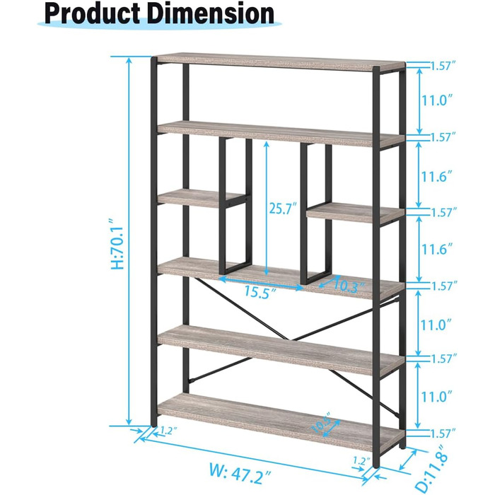 Стильна полиця-стеллаж LVB з 6 рівнями для вітальні, робочого кабінету, кухні, 180 см (світло-сіра ельха)