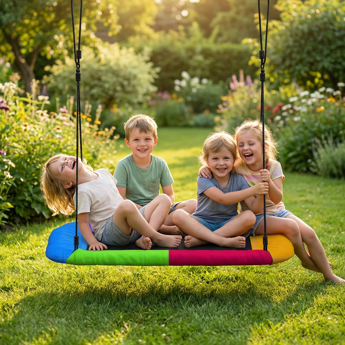 Дитяча гойдалка-гніздочко з регульованою висотою, вантажопідйомністю до 300 кг та регульованим канатом, призначена для дітей віком 3-8 років, розміром 148x77x180 см, у різноманітних кольорах.