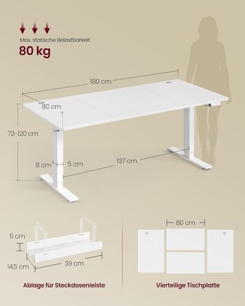 Стол для роботи VASAGLE з регулюванням висоти, USB-C, підставка для розеток, стоячий стіл, нагадування про перерви, 3 пам'яті, для офісу, 180x80 см, матовий білий (LSD146WZ02)