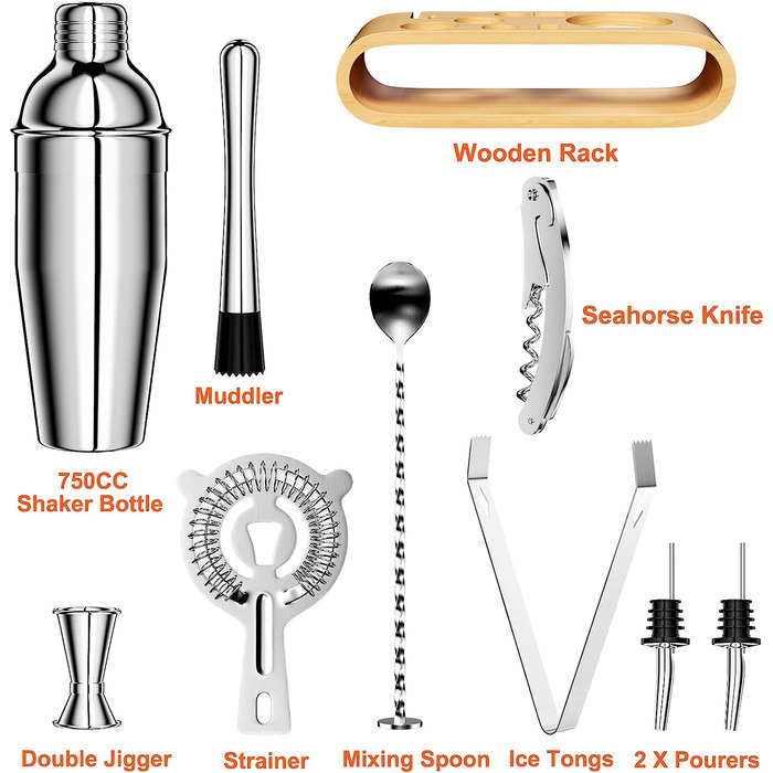 Набір для коктейлів Newpop об'ємом 750 мл, шейкер з нержавіючої сталі 10 шт. з дерев'яною підставкою, професійні аксесуари для бармена, з подвійною мірною чашкою, ложкою, наливачем, для змішування напоїв, вдома, в барі ,на вечірці (срібло)