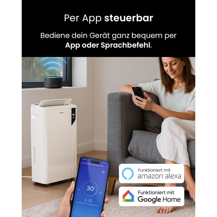 Електричний осушувач повітря Pro Breeze 20L - для приміщень до 35м², з функцією сушіння білизни, датчиком вологості, таймером та фільтром. Захист від плісняви. Керування через додаток.