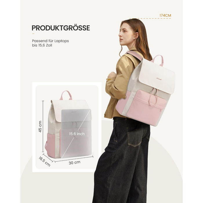 LOVEVOOK Рюкзак для жінок, легкий шкільний рюкзак для підлітків з відділенням для ноутбука 15.6 дюймів, жіночий рюкзак для навчання, подорожей, роботи (M-15.6 дюймів, Рожевий + Бежевий)