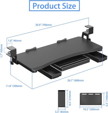 Підставка під клавіатуру Suptek під стіл з ящиком – 67,8 x 30 см, міцна кріплення C-подібне, регульована висота, легка установка, для дому та офісу, DSF6CT