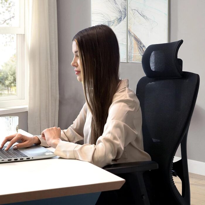 Ергономічне офісне крісло з підголівником та поперековою підтримкою, поворотне, з регульованими підлокітниками, чорне, для дому та офісу