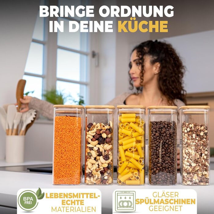 Скляні банки для зберігання з кришкою, круглі - 5 шт по 850 мл, посилена скляна тара, герметичні контейнери для продуктів, кухонні органайзери (5 шт, квадратні)