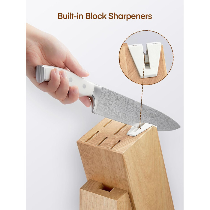 Набір ножів D.Perlla 7 предметів з точилкою, професійний кухонний набір з нержавіючої сталі з пластиковою ручкою та дерев'яним блоком, білий