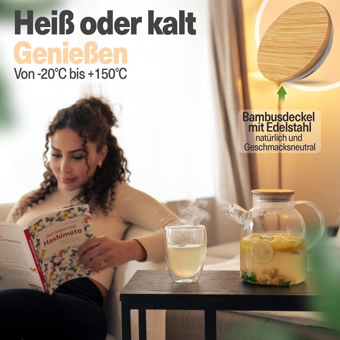 Скляна карафа CLIDOR 1,5 л з кришкою - для гарячих та холодних напоїв, міцна, з некрапаючим носиком (1500 мл, Aurora)