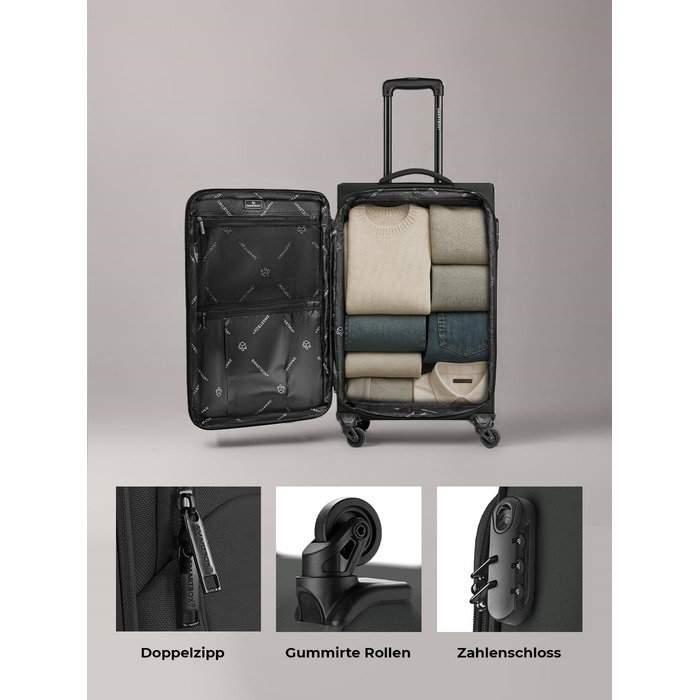 Набір валізак Smartbox 3-в-1 для жінок та чоловіків | Легкі та міцні валізи-ролики, якісний softcase, 4 колеса та кодовий замок | Розширювані валізи (Edition 04) (Чорний, валіза M (67 см) з можливістю розширення)