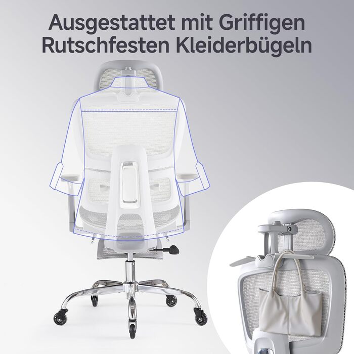 Ергономічне крісло для офісу з підніжкою та подушкою для шиї, 5-рівневе регулювання спинки, 2D підтримка попереку, 3D підлокітники/підголівник, функція нахилу 145°, сітчасте сидіння, гумові колеса (Сірий, Pro)