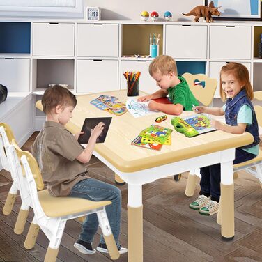 Дитячий стіл з 4 стільцями AufuN, регульована висота, набір для дитячої кімнати, садка, класів, легко миється, пластикові меблі, коричневий