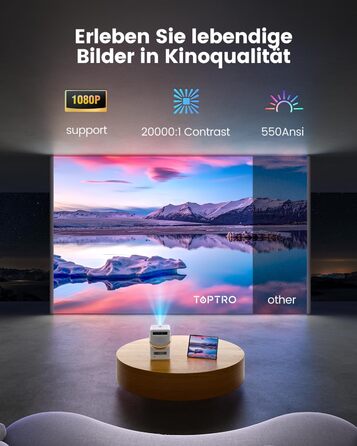 Проектор Toptro Mini Beamer: 1080P Full HD, Android TV, WiFi, Bluetooth, 300 ANSI, Зовнішній, Компактний, з Електричним Фокусом