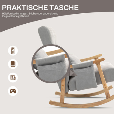 Крісло-гойдалка з подушкою для попереку, широке сидіння, каркас з каучукового дерева, до 120 кг, сірого кольору