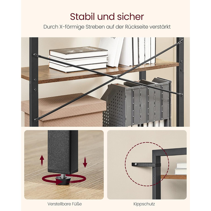 Стелаж VASAGLE Regal: 5 полиць, для офісу, вітальні, спальні, кухні, 30 x 80 x 153 см, вінтажний коричневий + чорний