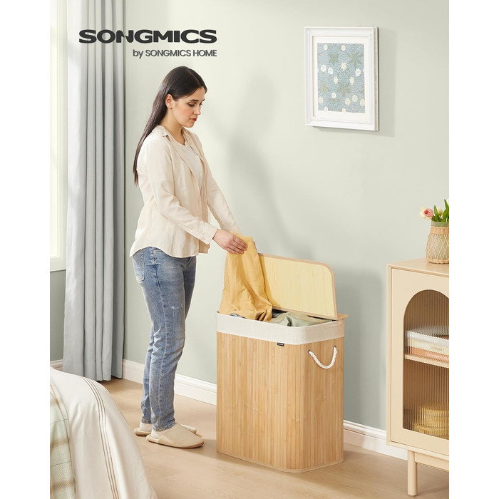 SONGMICS Кошик для білизни 95 л з кришкою, бамбук, з ручками, складний, знімний мішок для прання, для пральні, LCB060Y01