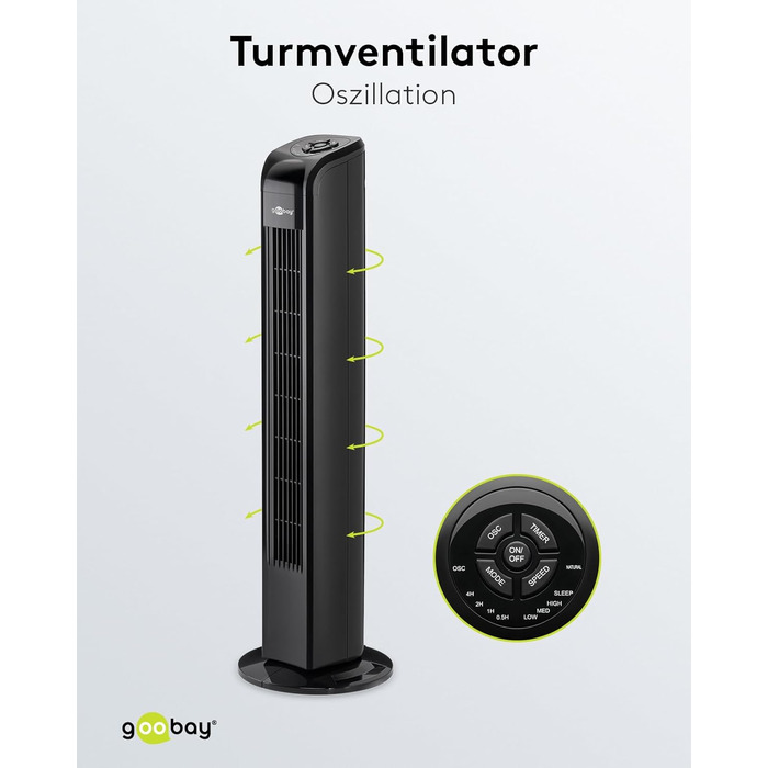Вентилятор Goobay 59517 з пультом дистанційного керування та таймером / 3-ступінчастий колонний вентилятор Осцилюючий вентилятор на п'єдесталі / Вентилятор тихої спальні / Баштовий вентилятор 50 Вт / (чорний)