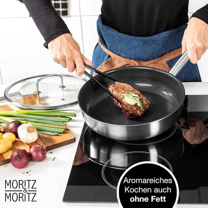 Сковорода з нержавіючої сталі Moritz & Moritz з кришкою 28 см з керамічним покриттям нового покоління - підходить для всіх типів плит - антипригарна сковорода з вафельною структурою для приготування, смаження та тушкування. Діаметр 28 см