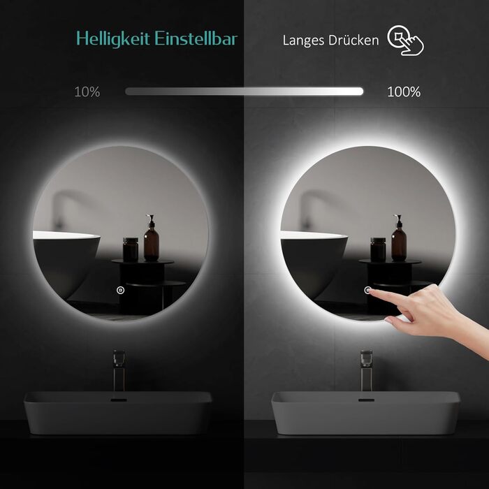 Дзеркало для ванної кімнати EMKE з підсвічуванням, діаметр 50 см, регульоване холодне біле світло, функція пам'яті, сенсорне керування, IP44, енергозберігаюче, заднє підсвічування
