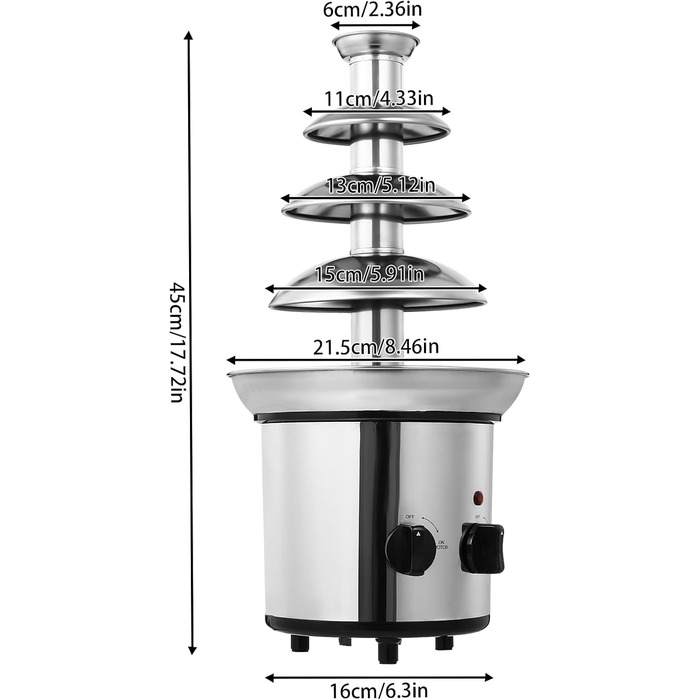 Шоколадний фонтан 4 яруси з функцією нагрівання, 170W, 2L, нержавіюча сталь, для кафе, готелів