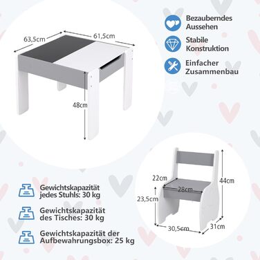 Детский стол со стульями COSTWAY 3 в 1, деревянная мебель для детей 3+, светло-серый, со съемной столешницей и местом для хранения