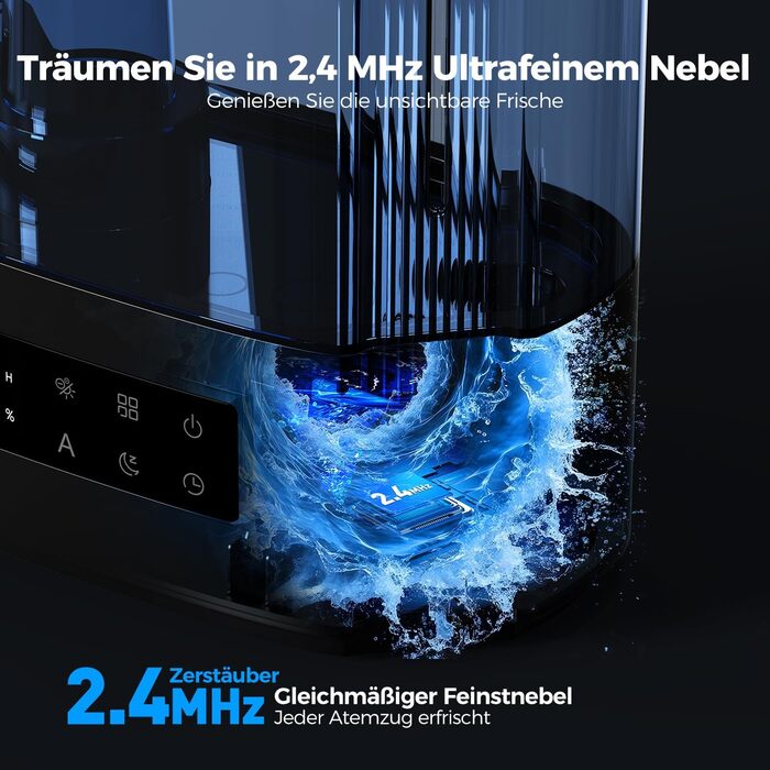 Зволожувач повітря AROEVE 6л для спальні, дитячої, кімнатних рослин, з аромадифузором, ультразвуковий, тихий (60 годин), чорний