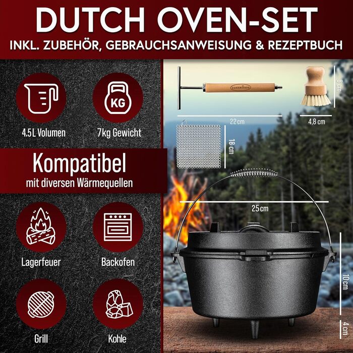 Набір голландської печі з емальованого чавуну 4,5 л (2-4 особи) – для 2-4 осіб, з ніжками, подвійна функція, кришка-підйомник 2в1, чистящий кільце, щітка та кулінарна книга – гарантія 30 років