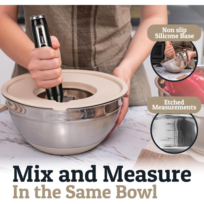 Набір міксерів Priority Chef з кришками, 6 шт. з неслизьким дном, набір міксерів з нержавіючої сталі, 6 герметичних кришок та 3 тертки, блакитний (Getaway Solids) (Хакі)