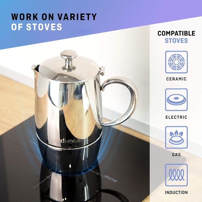 Мока-кавоварка VeoHome Mokka Pot на 10 порцій - нержавіюча сталь, італійська, для індукційних плит, газу, кераміки, електрики, без алюмінію, подвійний фільтр (300 мл)