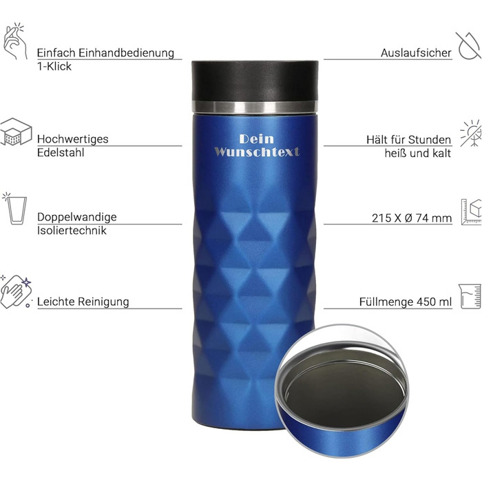 Термокружка Elasto з нержавіючої сталі, 450 мл, з індивідуальною гравіюванням, витримана, з ізоляцією, блакитна