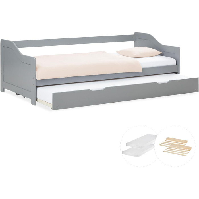 Висувне ліжко Homestyle4u 90x200 з ящиком для зберігання, дерев'яне ліжко з ламелями для дітей, сірий колір