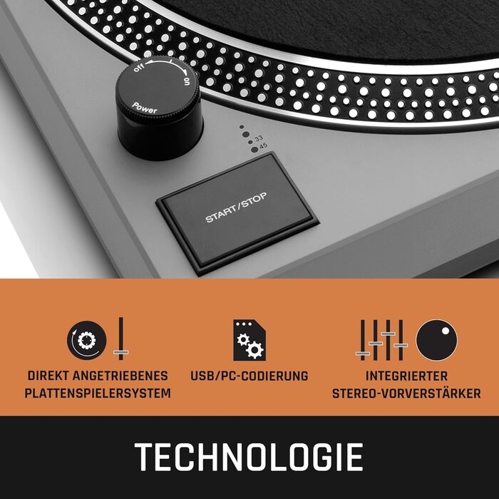 DJ-програвач Lenco L-3810 з прямим приводом, 33/45 об/хв, Pitch-Control, магнітний звукознімач, підсвітка голки, білий (матовий сірий)