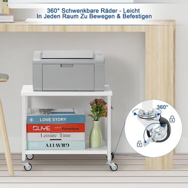 Підставка для принтера Smusei біла, 2-рівнева, з роликами, 42 x 30 x 35 см | Підставка для офісу та дому