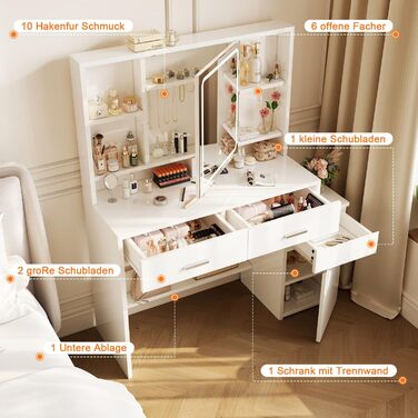 Дзеркальний туалетний столик JUMMICO з LED-підсвічуванням (3 режими яскравості, 3 колірні температури), великий комод з 6 відділеннями, 2 ящиками, бічною шафкою та полицею, 117x40x140 см, білий