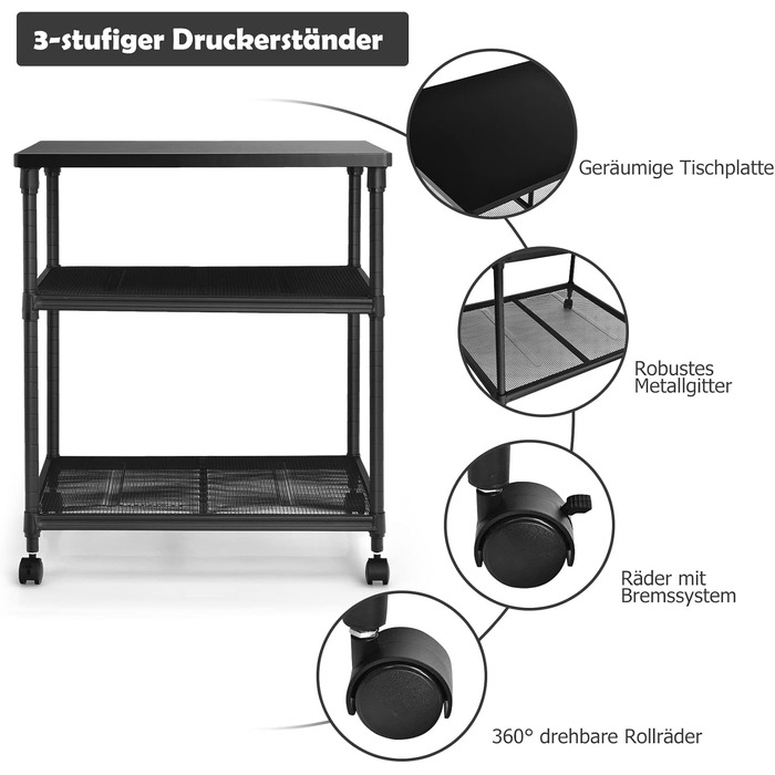 Рівневий візок для принтера COSTWAY з колесами 360, залізною рамою, регулюється по висоті для офісу, вітальні, кухні, 3-