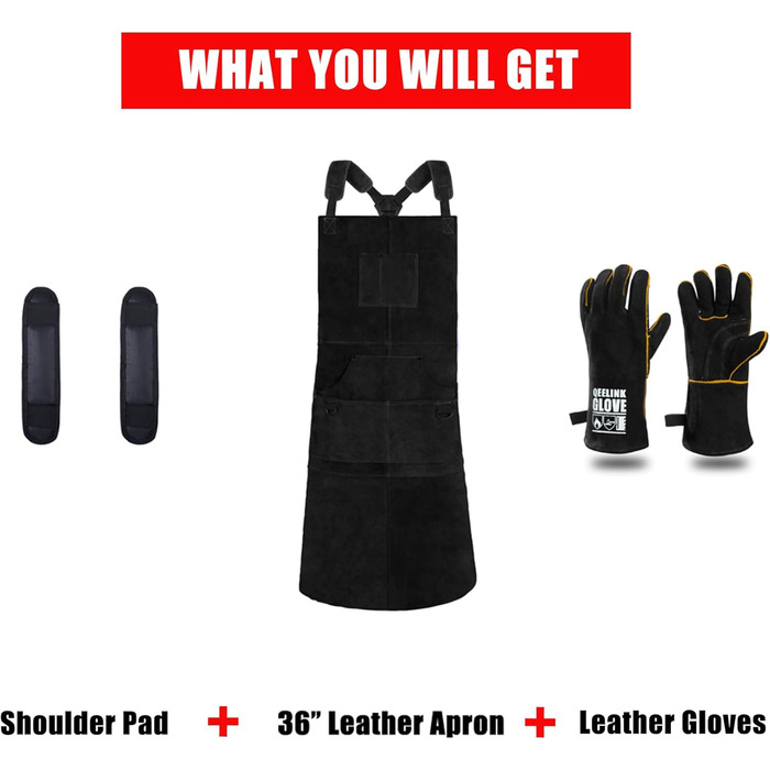 Зварювальна шкура QeeLink зі зварювальними рукавичками - шкіряна шкура з 6 кишенями, вогнестійка та термостійка робоча шкура (Чорний - 61 x 91 см)