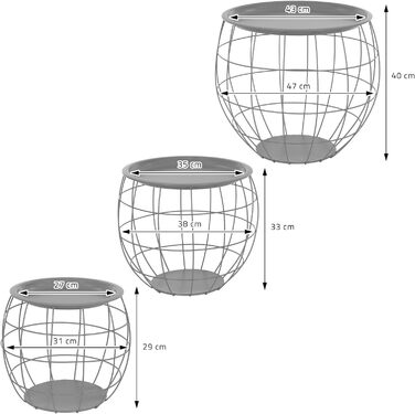 Набір журнальних столиків ML-Design з 3 круглих, металевих кошиків Журнальний столик 3 розміри Ø31см/Ø38см/Ø47см, металевий, знімна стільниця, місце для зберігання, 3 шт. Столи для вітальні, диванні столики, журнальні столики, столи для гніздування (сірі)