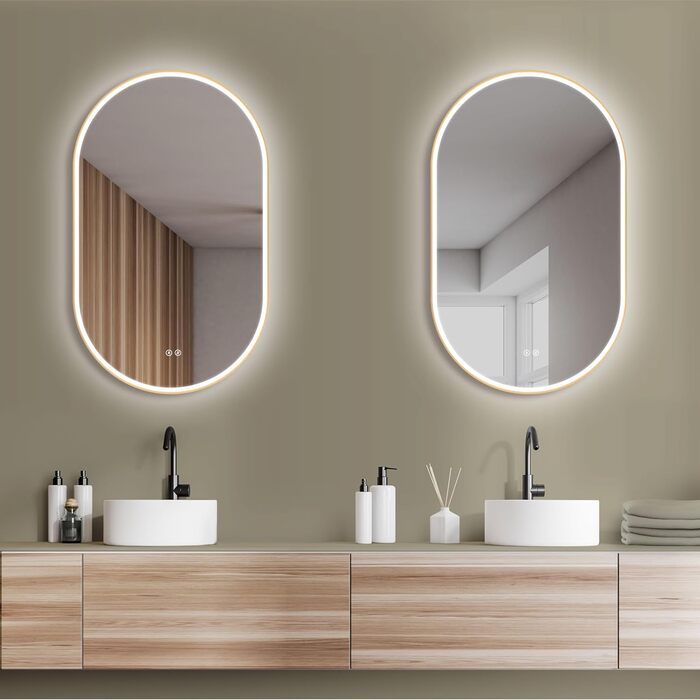 Дзеркало для ванної кімнати HOKO круглої форми 80см з підсвічуванням, антизапарюванням, рамкою, сенсорним вимикачем, пам'яттю та регулюванням світла (2700-6500K) - тепле, холодне, нейтральне світло (90x50 см, золотий овал)