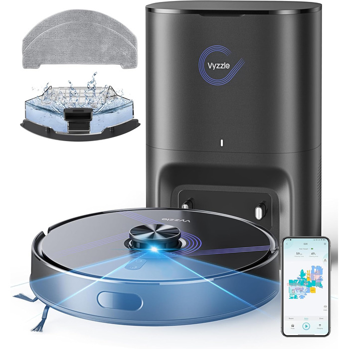 Робот-пилосос Vyzzle з вологою тканиною 5500 Па, док-станція 3.5л, для шерсті тварин, килимове покриття, керування через додаток, голосове керування Alexa & Google Assistant (Чорний)