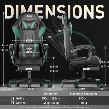 HLONONE Ігровий крісло, ергономічний геймерський крісло з кишеньковим пружинним матрацом, гоночний крісло для геймерів з підніжкою, підтримкою попереку, регульоване офісне крісло, вантажопідйомність 150 кг, PC крісло (Чорний-зелений)