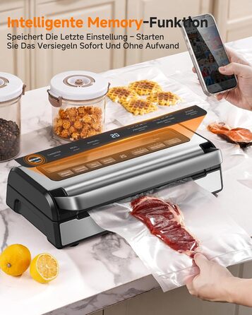 Вакууматор для продуктів 9-в-1 з потужністю 95 кПа, регулюванням часу та тиску, функцією пам'яті, подвійним запаянням, вбудованим різаком та відсіком для пакетів, корпус із нержавіючої сталі, у комплекті 2 ролини та шланг