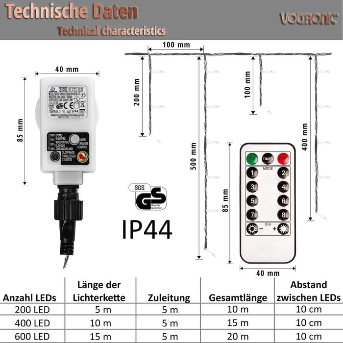 Струнне світло VOLTRONIC Eisregen, IP44, Внутрішнє/Зовнішнє, Теплий Білий, 400 LED, Таймер, 8 режимів