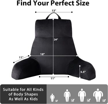 Крісло-мішок з підлокітниками для дорослих, подушка для спини для відпочинку в ліжку, з піною з пам'яті та кишенями, знімний, пральний чохол, для релаксації, перегляду телевізора, чорний, X-Large (24 дюйми)