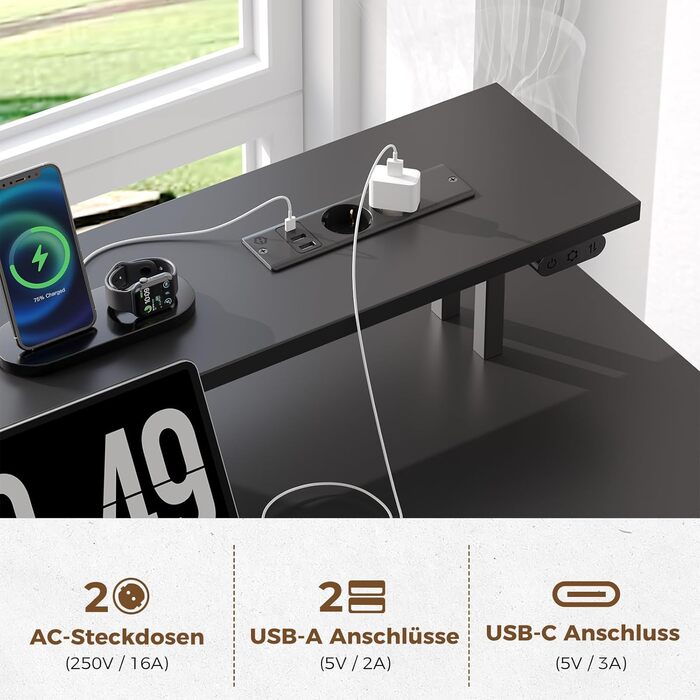 Ігровий кутовий стіл Seventable L-подібний з LED підсвіткою та розетками, 3 ящики, чорний 135x135x88 см