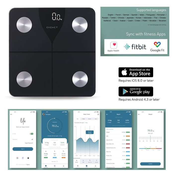 Цифрові ваги жиру в організмі Exzact з додатком - iOS/Android, Bluetooth - ємність 180 кг - чорний