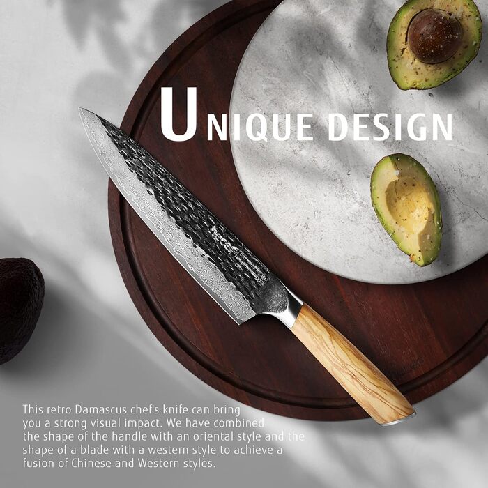 Ніж кухарський Damast 20 см Hecef, професійний ніж шеф-кухаря, японський ніж з 67 шарів дамаської сталі, гостре м'ясне лезо з ручкою з оливкового дерева