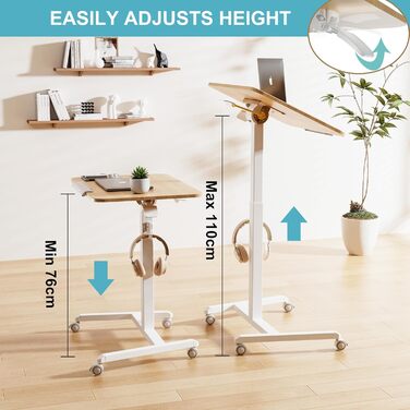 Регульований приставний столик ETHU з роликами, мобільний столик для ноутбука, диванний столик з нахиленою платформою, універсальний столик для дому (світле дерево)