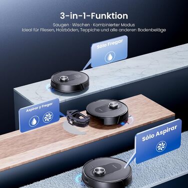 Робот-пилосос Proscenic Q8 Max+ з функцією миття, 8000Pa, 200хв, док-станція для самоочищення, 3л, лазерна навігація, керування через додаток, сумісність з Alexa, Google, Siri, чорний