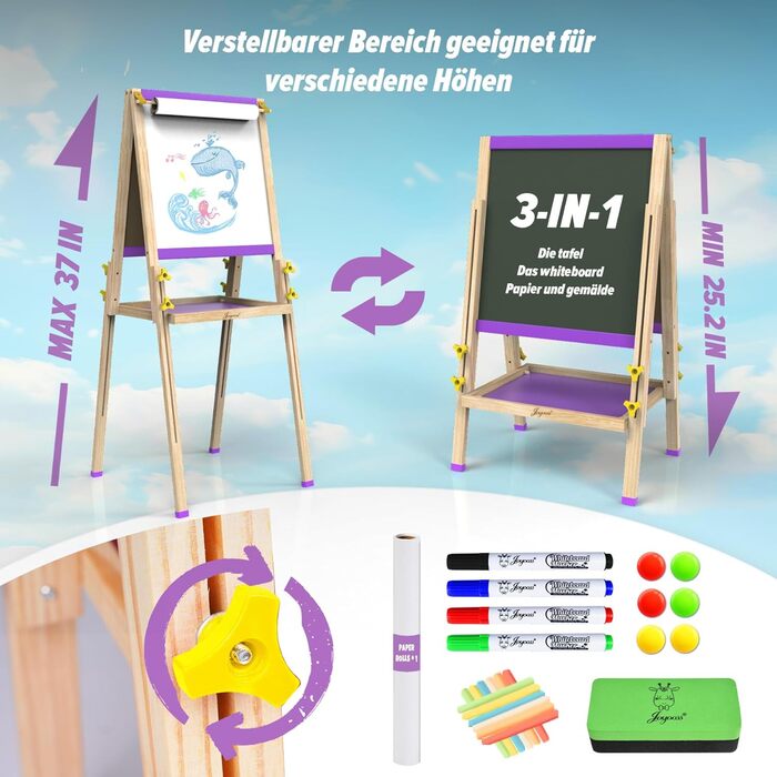 Мольберт Joyooss для дітей, регульований, дерев'яний, двосторонній, сухий маркер, з аксесуарами для малювання, подарунок для малюків 4-8 років (РОЖЕВИЙ)
