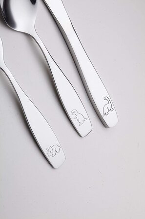 Дитячий набір столових приборів EXZACT Kinderbesteck 18 предметів з нержавіючої сталі - для дітей від 2 років - безпечні ножі, миючі в посудомийній машині, з гравіюванням (динозаври)